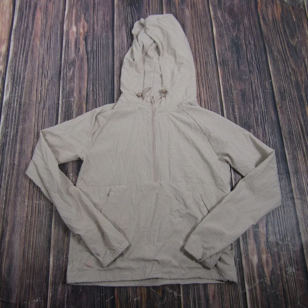 Adidas Jacket Teens XS Beige Gingham Windbreaker Hooded 1/2 Zip Lightweight
